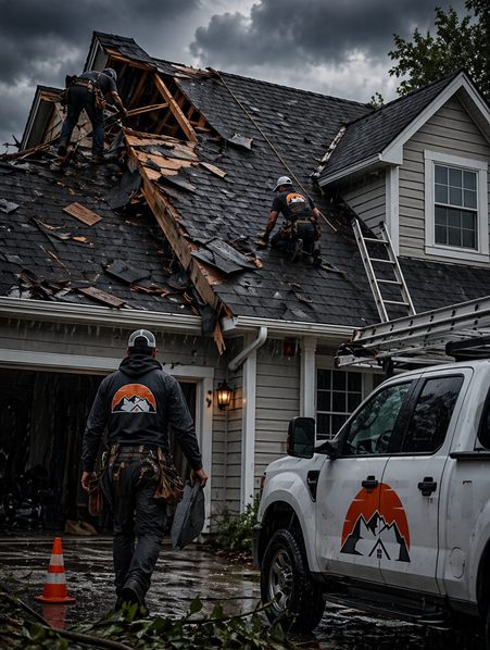 Northridge crew responding to a storm-damaged roof