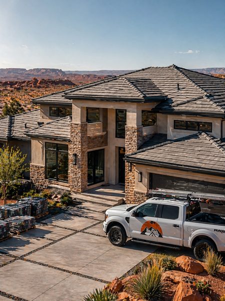 Northridge Roofing truck at a Southern Utah home with a tile roof